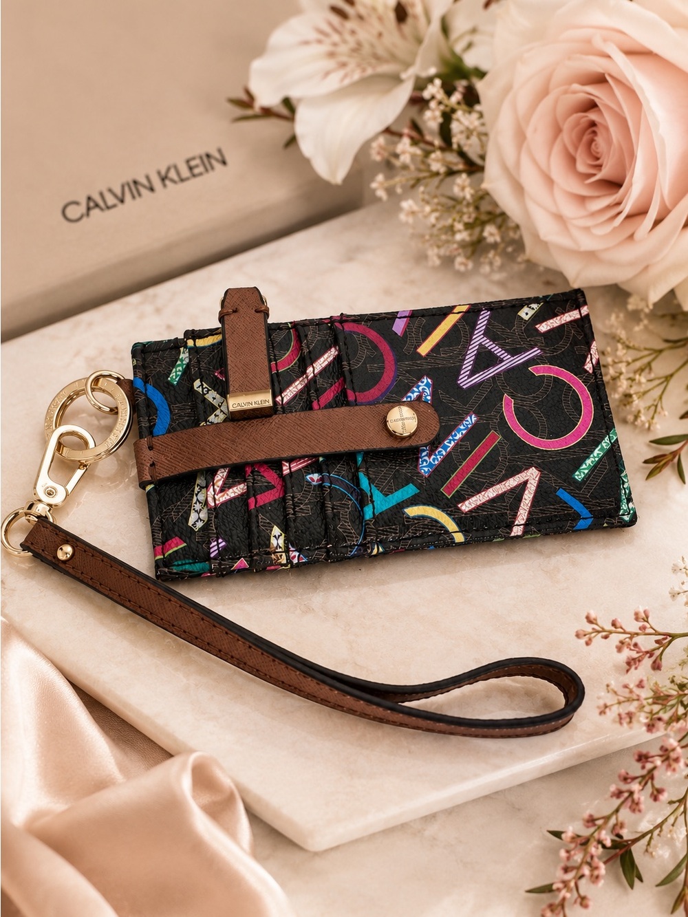 Calvin Klein Black Multicolor CK Monogram Card Holder Wristlet Brown Strap Y2K